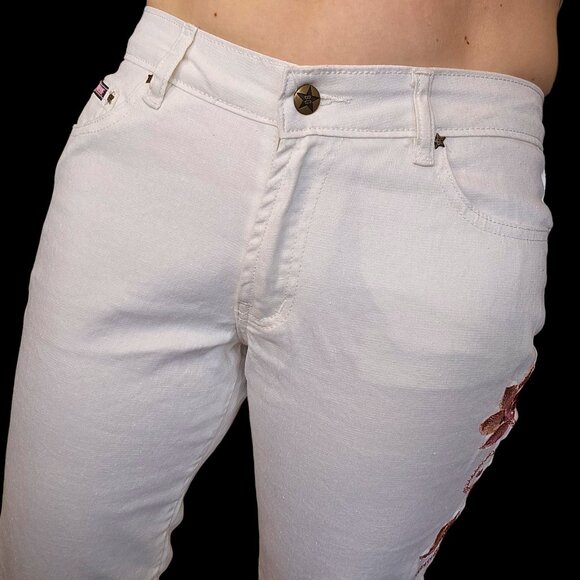 Y2K White Flare Jeans Pants Pink Embroidered Flowers Sz 6 Thin Stretch Retro - Picture 6 of 10